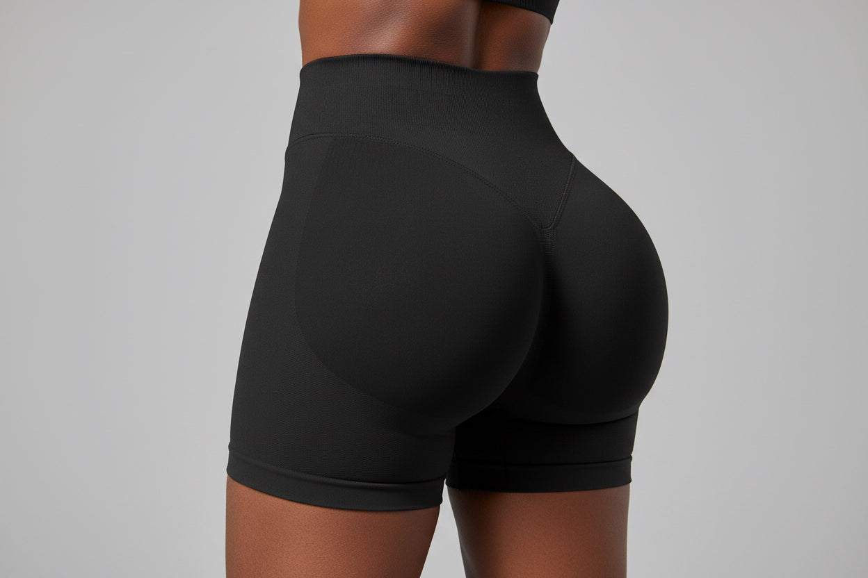High‑waisted, seamless 3″ yoga shorts with a sculpted, peach‑lift fit and quick‑dry performance for running and training.