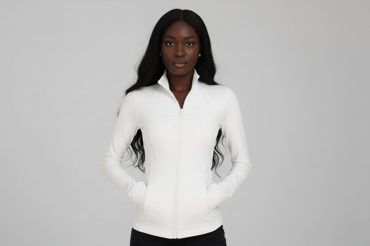 Original Define jacket in a sleek, sculpted silhouette with a refined stand‑collar and elevated zip‑front finish.