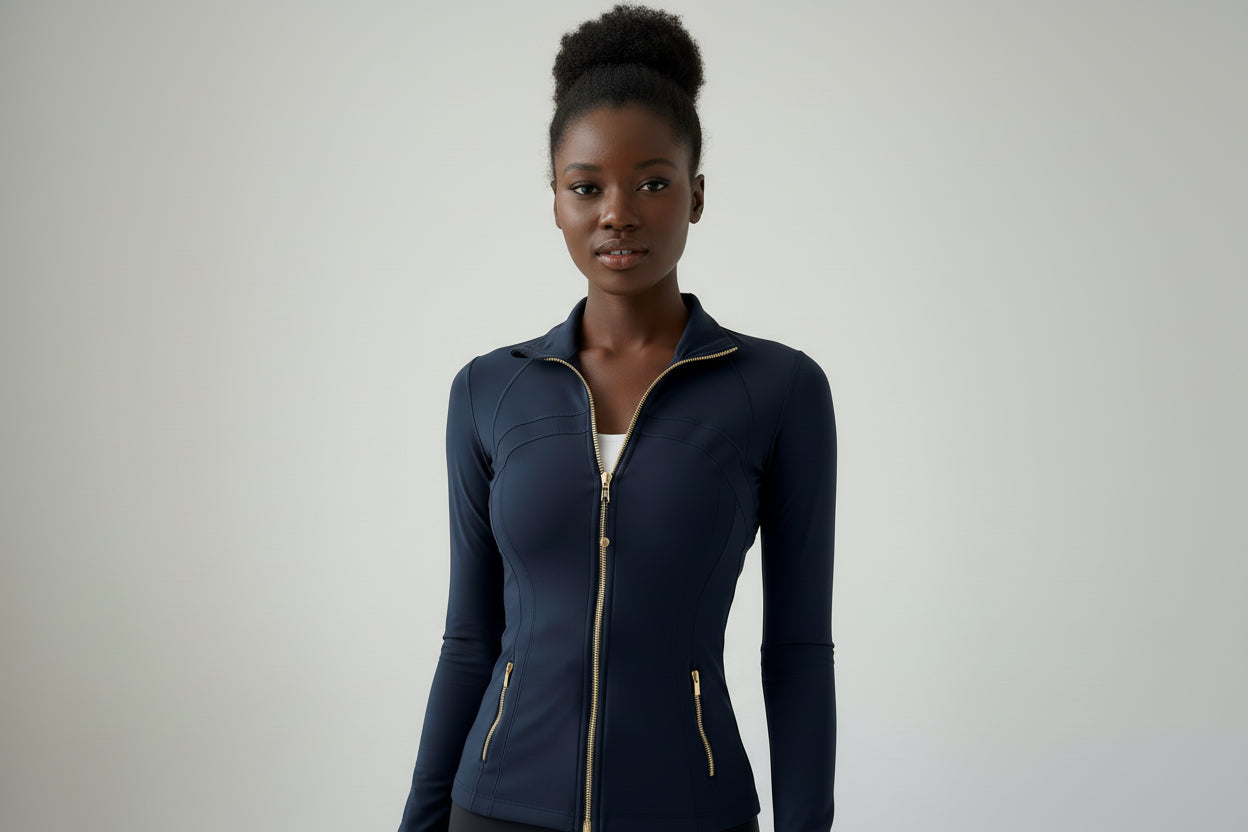 Original Define jacket in a sleek, sculpted silhouette with a refined stand‑collar and elevated zip‑front finish.