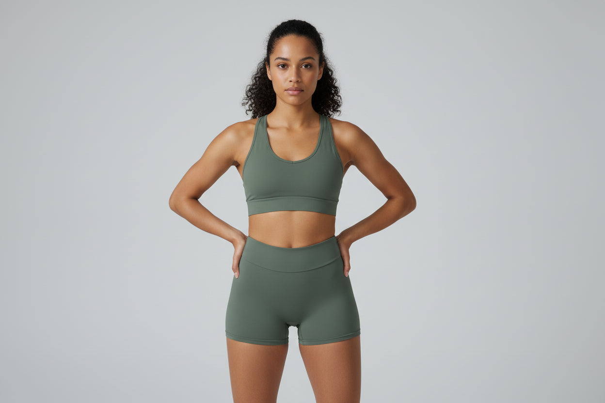 High‑waisted sculpting three‑piece set with a sleek double‑rubbed finish and elevated peach‑lift contour.
